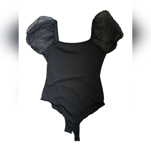 ALTAR'D STATE black ribbed bodysuit sheer pouffy short sleeves polka dots M - Picture 2 of 6